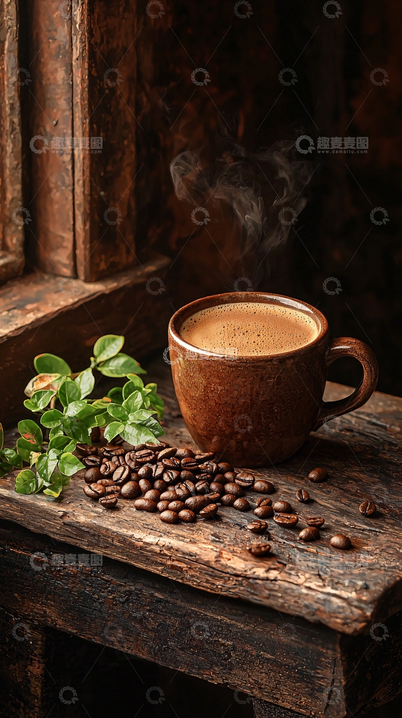 高清大图下载【趣麦麦图】咖啡杯与豆子的温馨场景