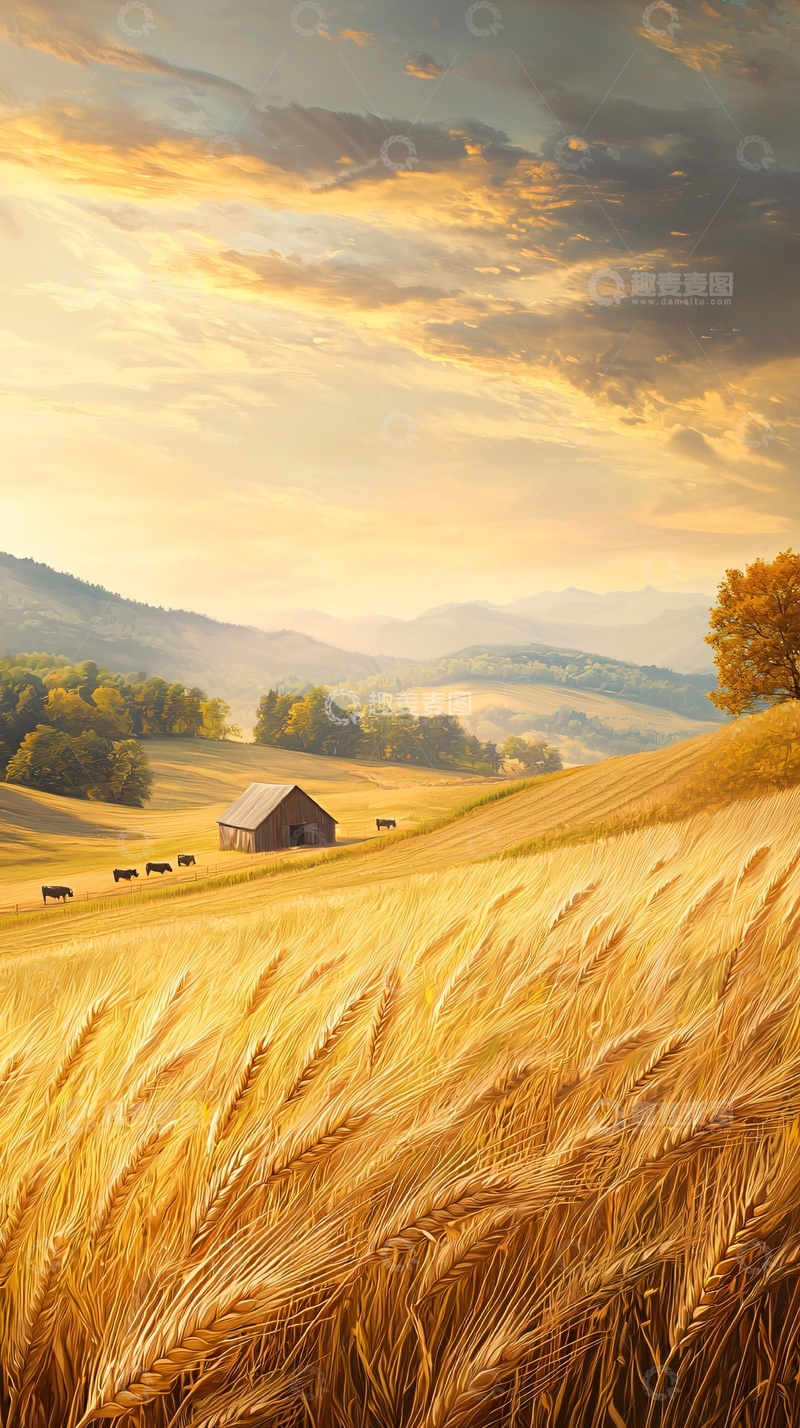 高清大图下载【趣麦麦图】金色麦田与小屋的宁静田园风光