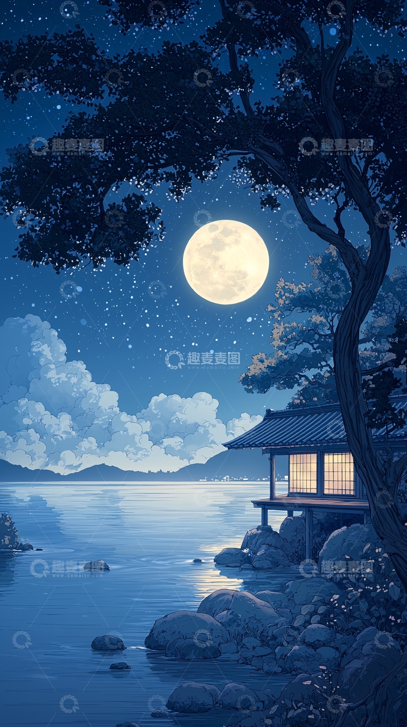 高清大图下载【趣麦麦图】月夜湖畔小屋