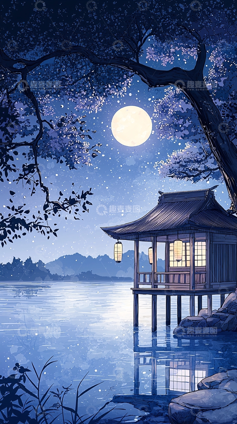 高清大图下载【趣麦麦图】月夜下的古亭