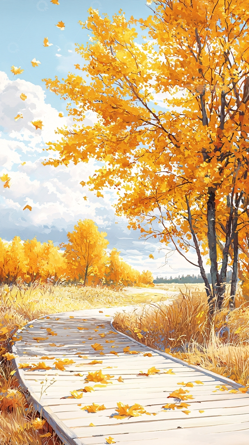 高清大图下载【趣麦麦图】秋日木桥落叶风景