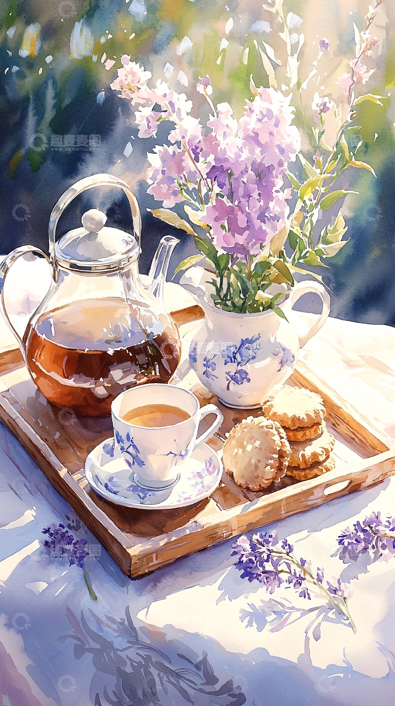 高清大图下载【趣麦麦图】茶壶与花束的静谧下午茶场景
