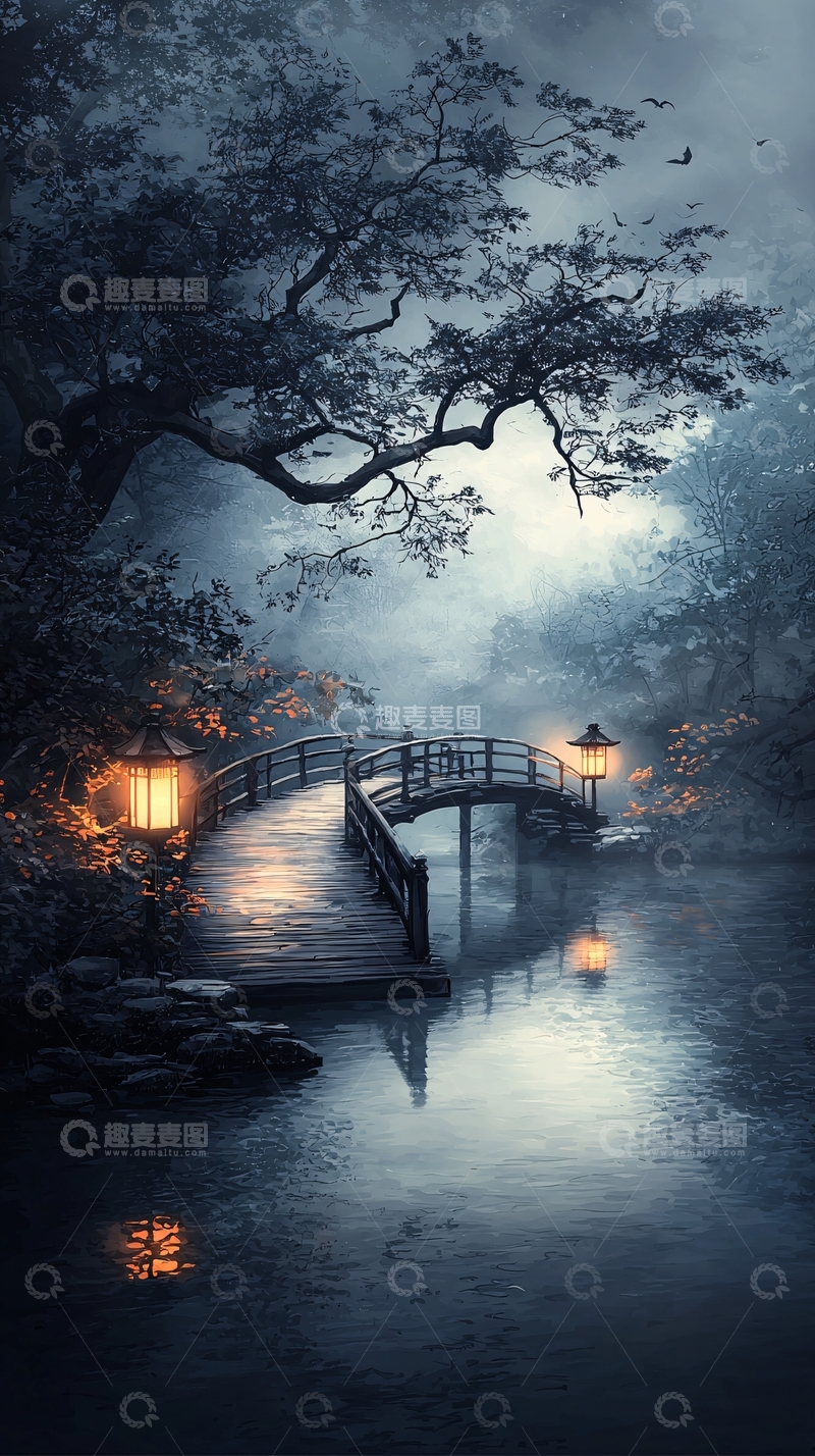 高清大图下载【趣麦麦图】夜色中的小桥流水