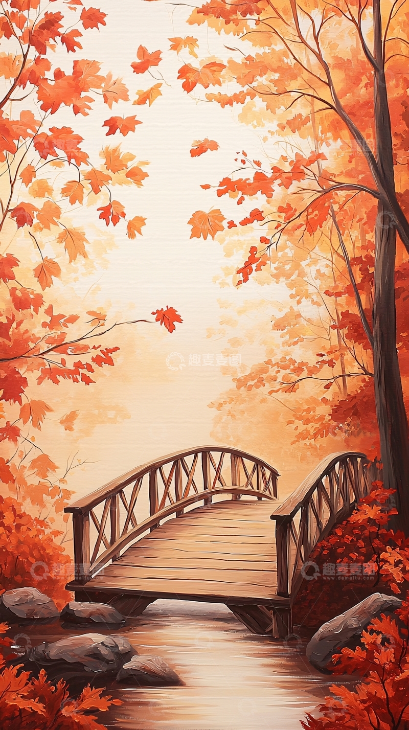 高清大图下载【趣麦麦图】秋日小桥流水风景画