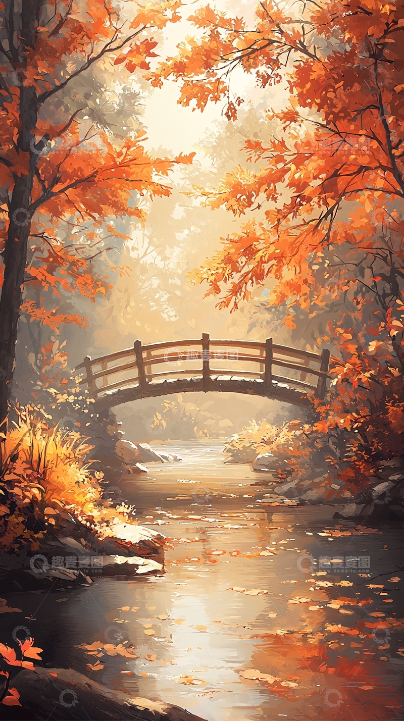 高清大图下载【趣麦麦图】秋日小桥流水风景图