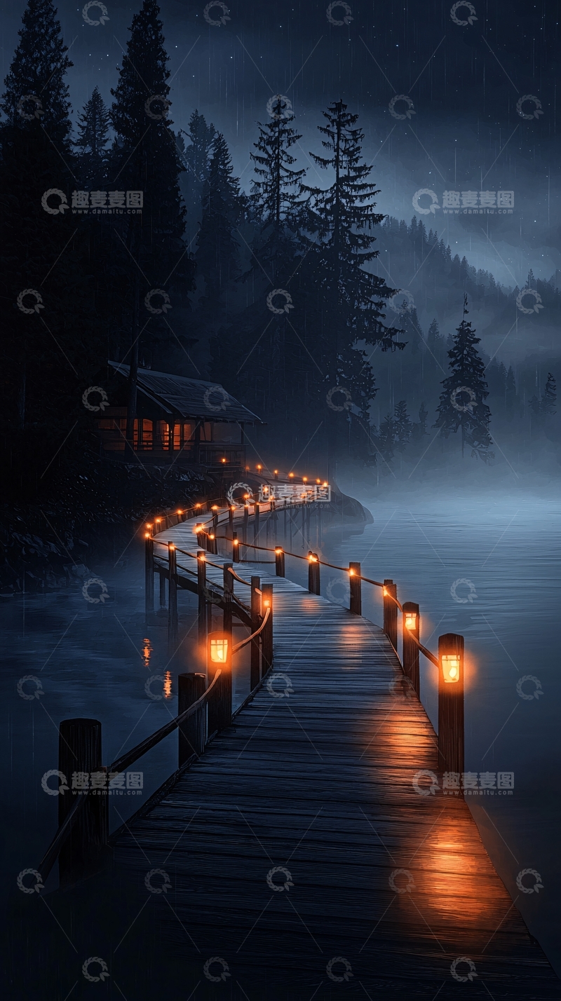 高清大图下载【趣麦麦图】雨夜木桥灯光下的宁静
