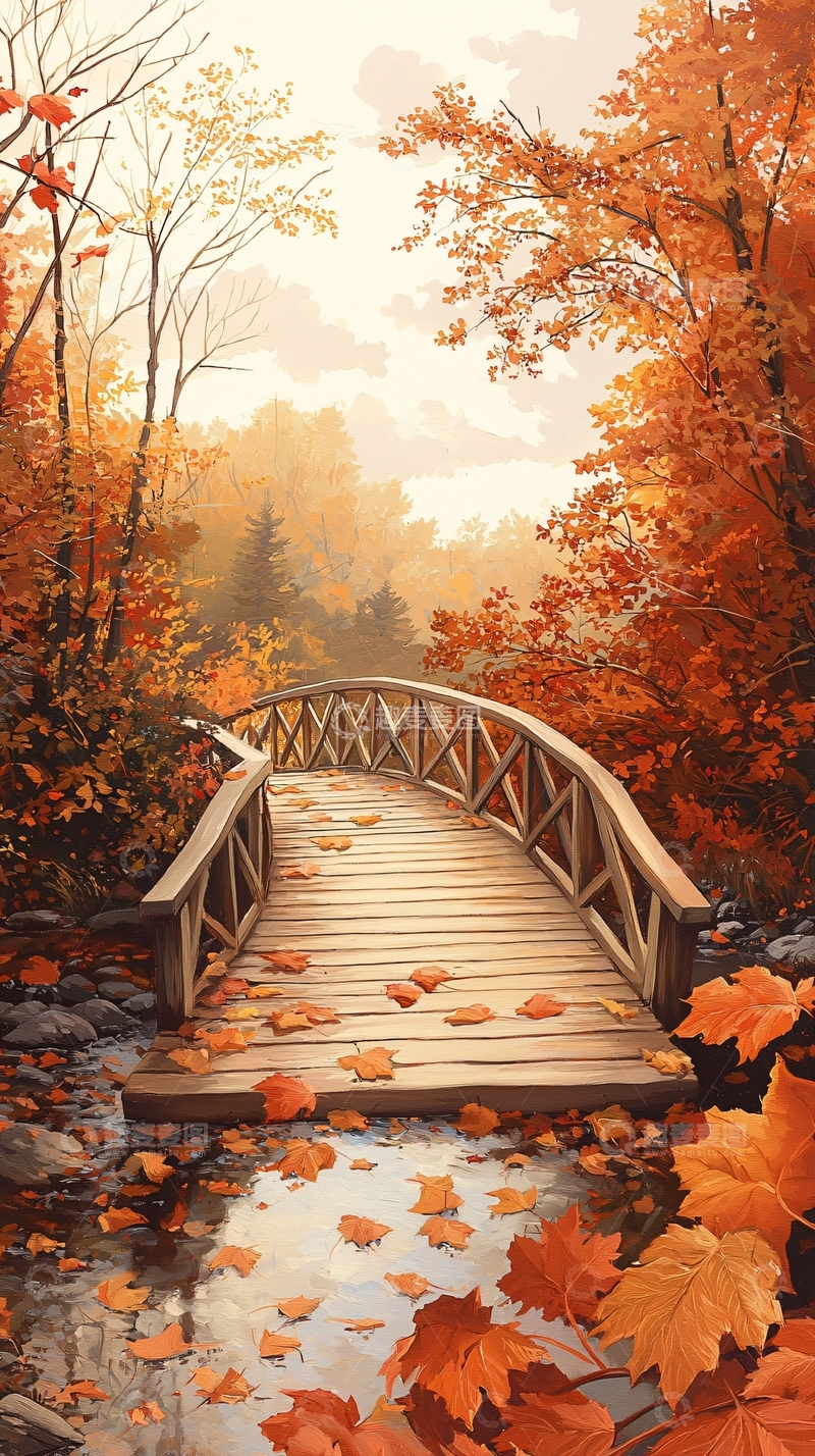 高清大图下载【趣麦麦图】秋日小桥流水落叶风景