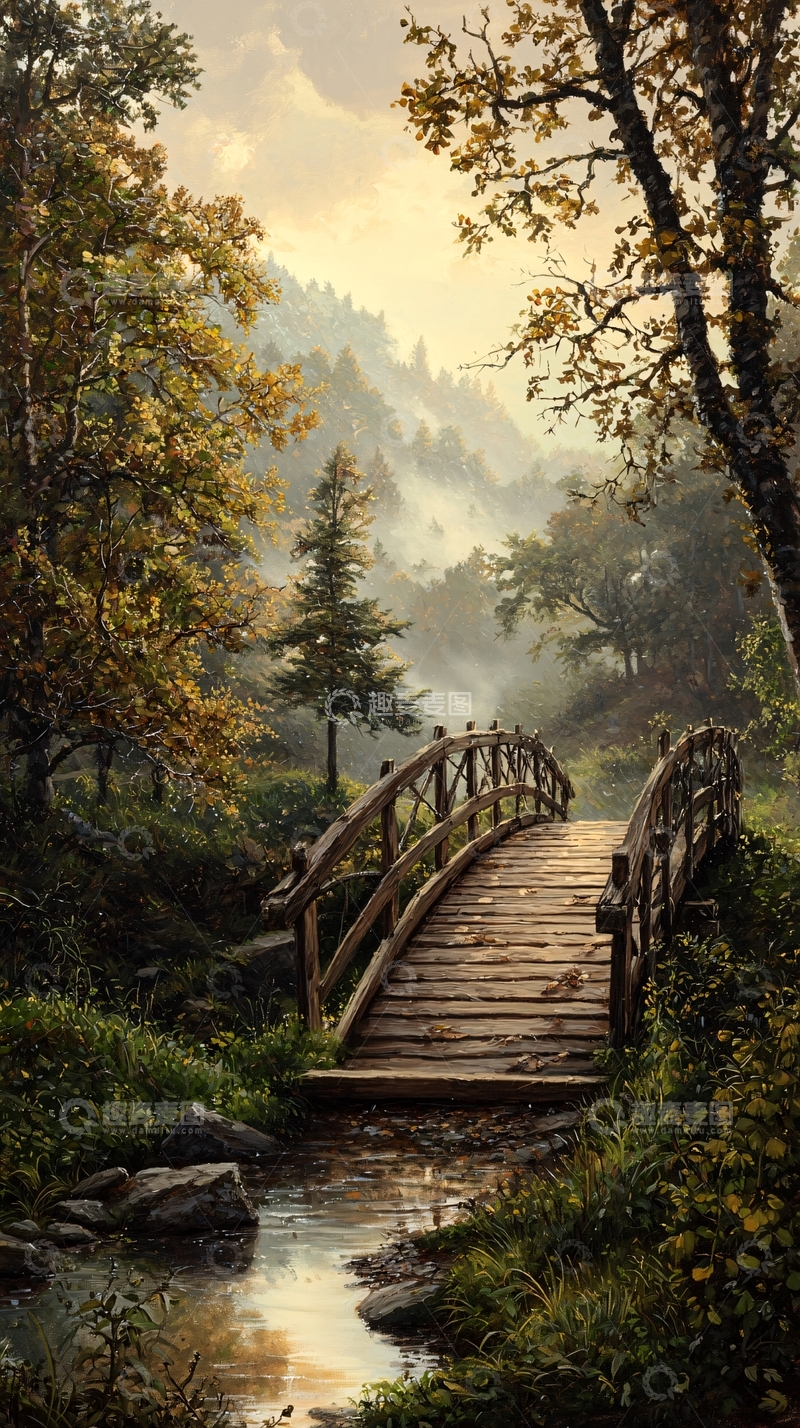 高清大图下载【趣麦麦图】秋日森林中的木桥
