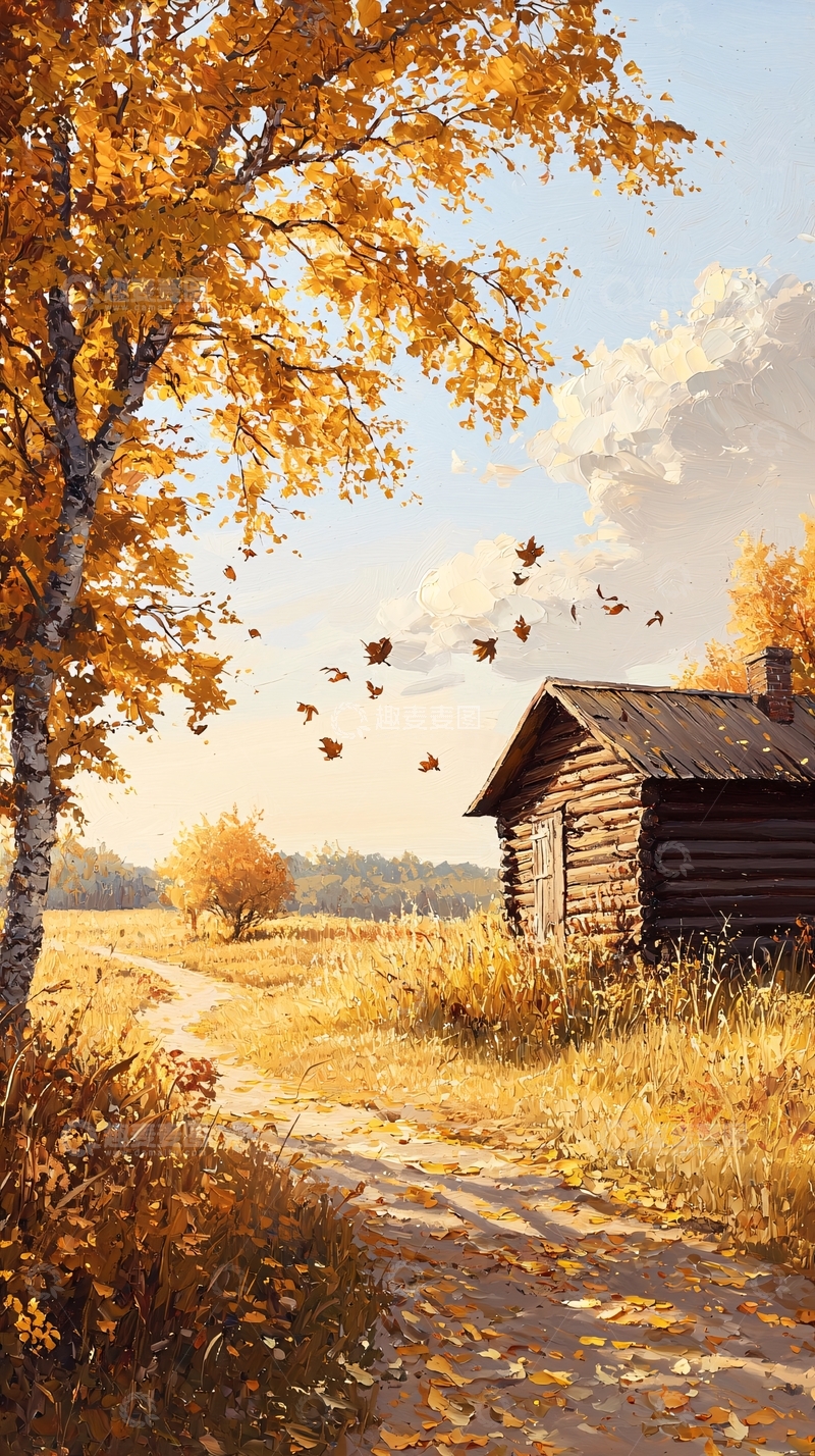 高清大图下载【趣麦麦图】秋日小屋与落叶风景