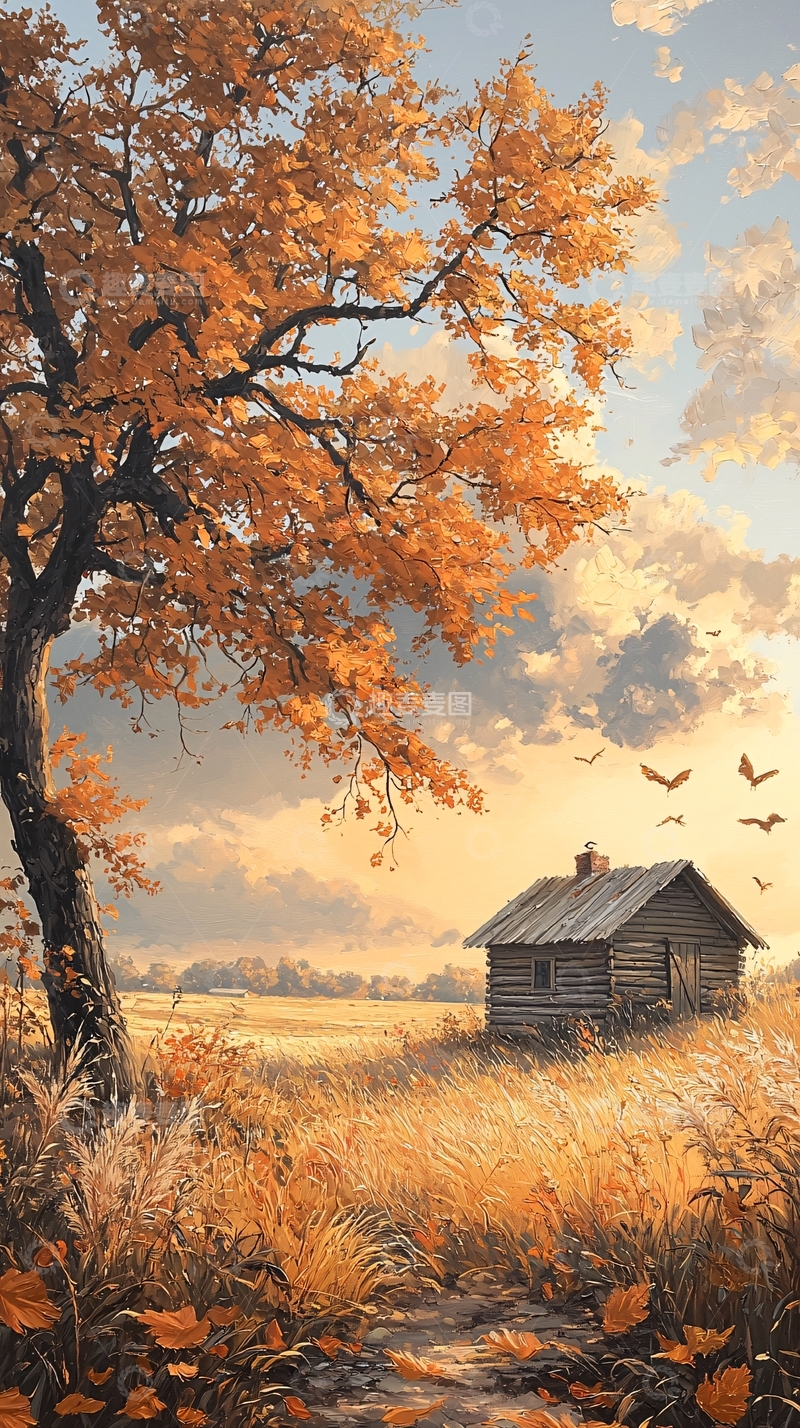 高清大图下载【趣麦麦图】秋日小屋与落叶风景