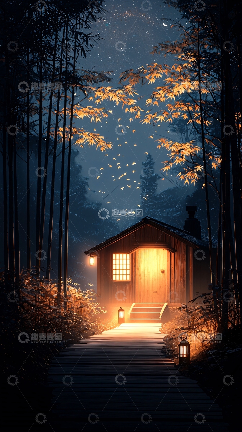 高清大图下载【趣麦麦图】秋夜小屋灯火照路