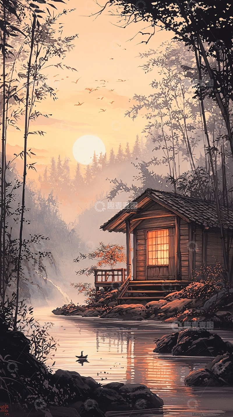 高清大图下载【趣麦麦图】秋日湖畔小屋静谧时光