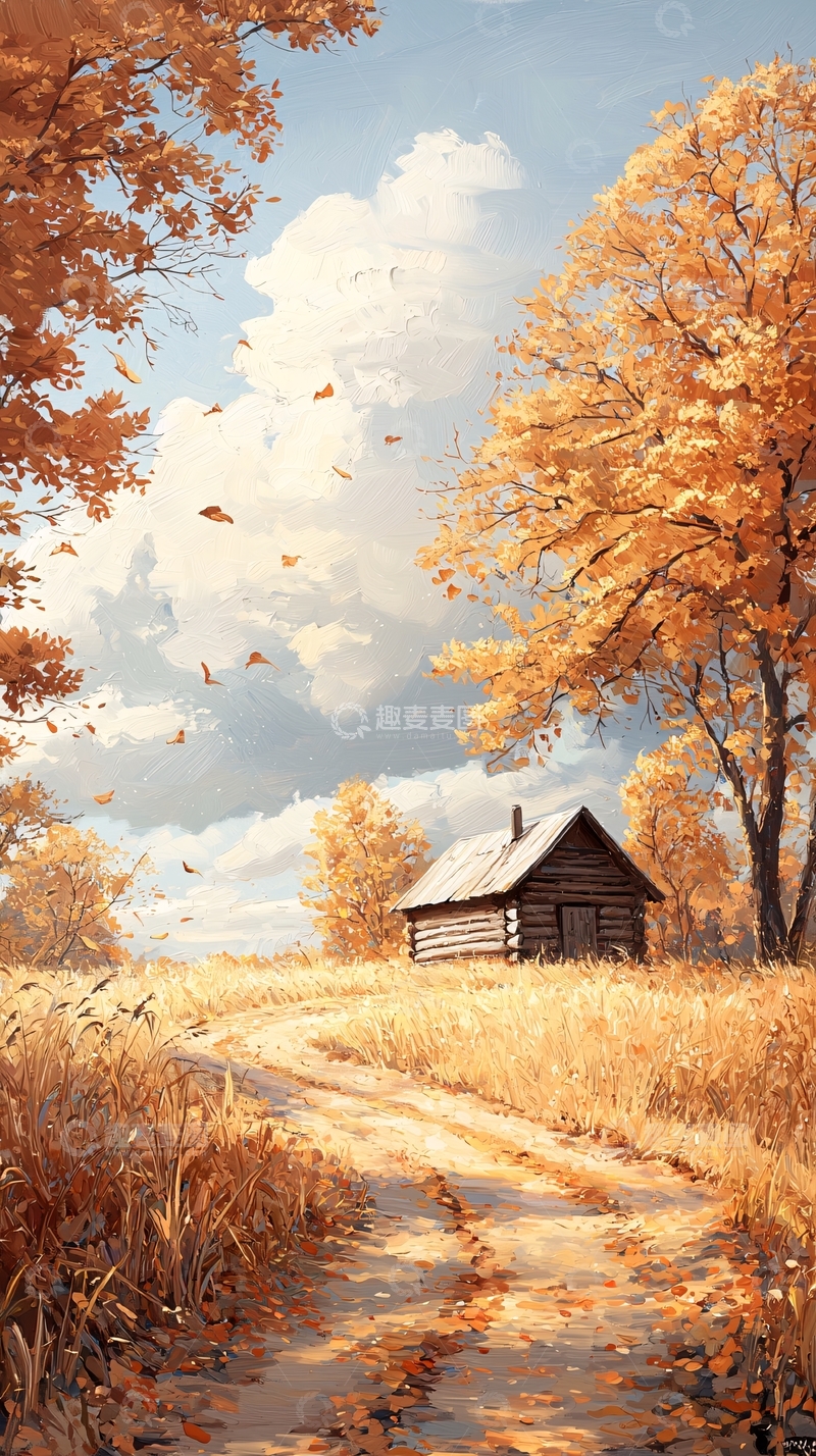 高清大图下载【趣麦麦图】秋日小屋与落叶风景