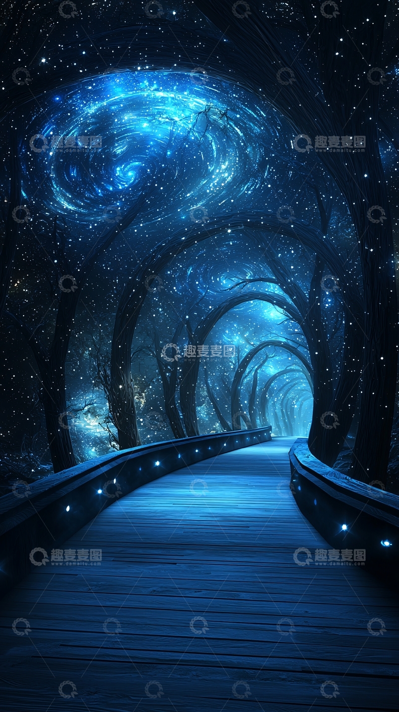 高清大图下载【趣麦麦图】梦幻森林夜景木桥