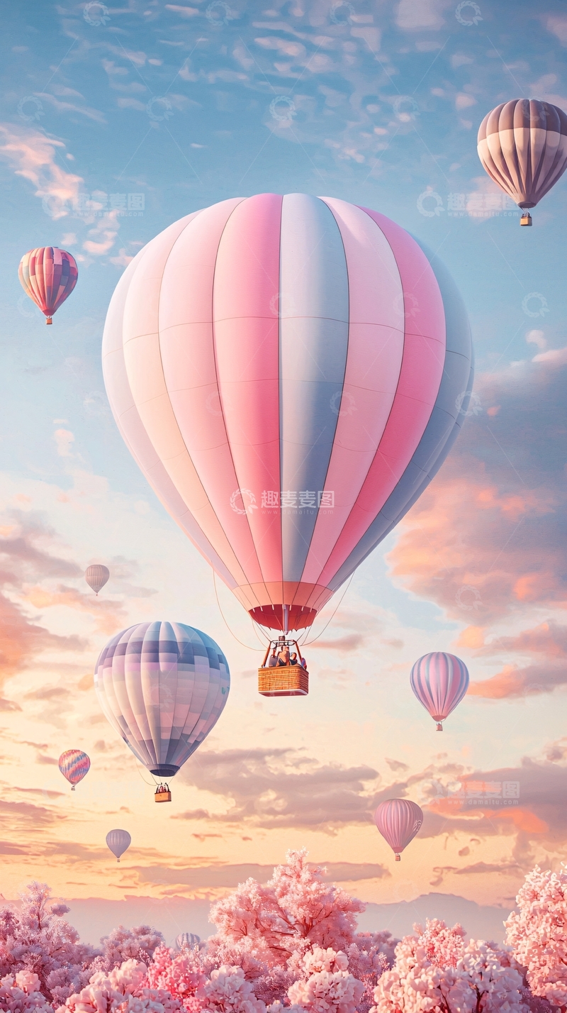 高清大图下载【趣麦麦图】粉色热气球与梦幻天空