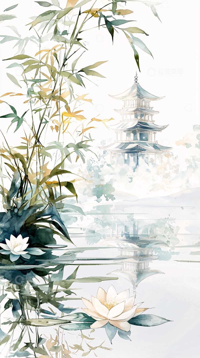 高清大图下载【趣麦麦图】古塔水莲竹影图