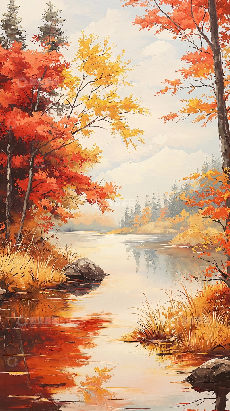 高清大图下载【趣麦麦图】秋日湖畔风景画