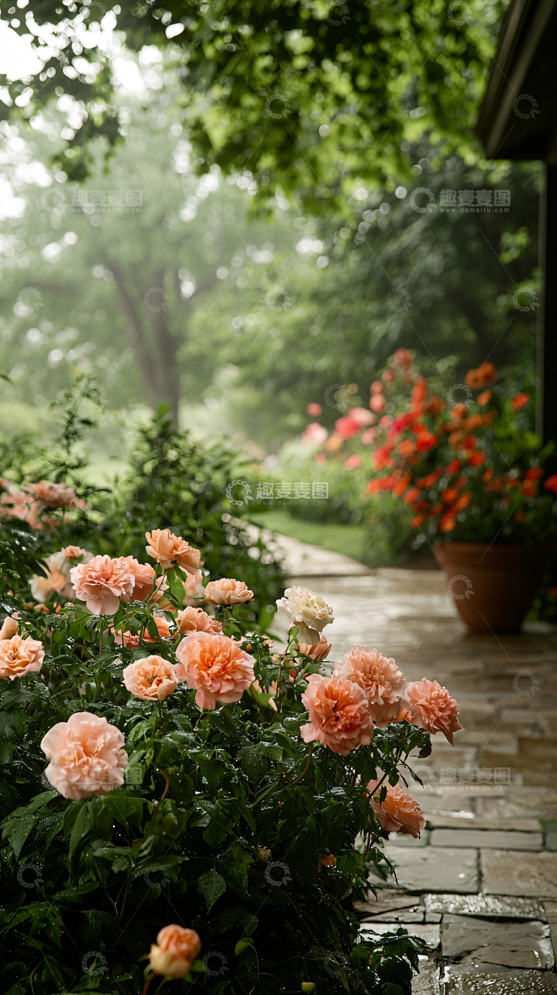 高清大图下载【趣麦麦图】雨后花园中的玫瑰花丛