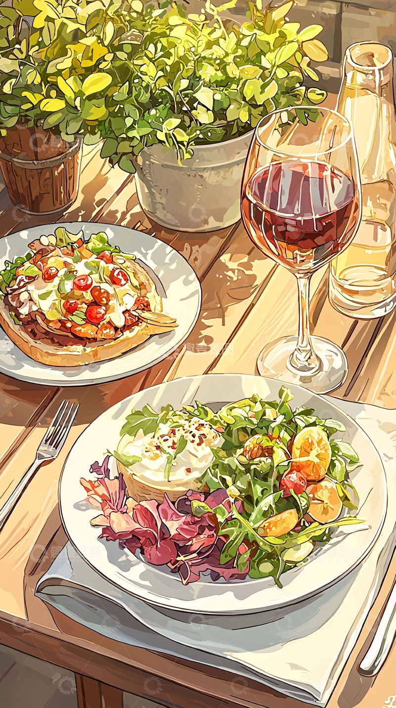 高清大图下载【趣麦麦图】户外野餐美食与红酒插画