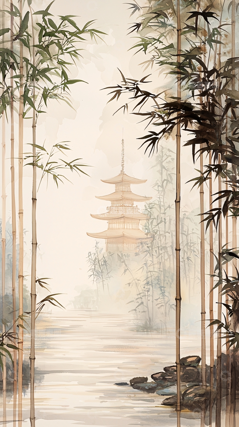 高清大图下载【趣麦麦图】竹林中的古塔