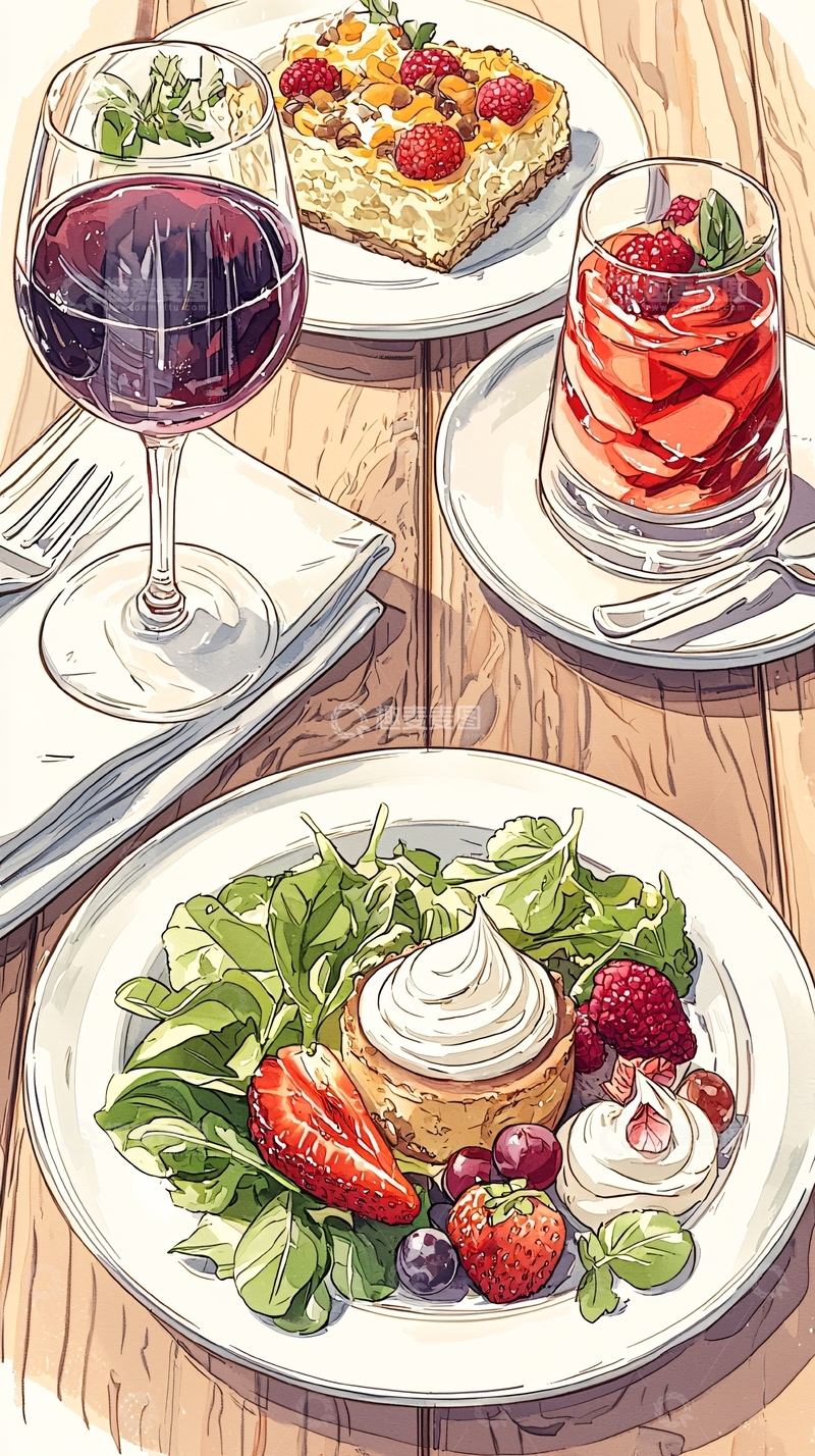 高清大图下载【趣麦麦图】夏日野餐甜点与饮品插画