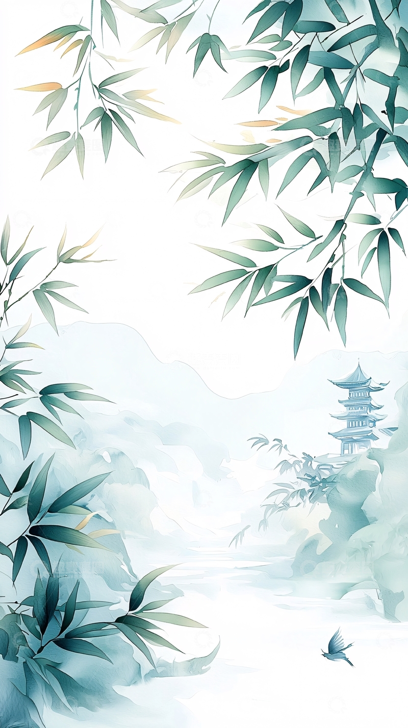 高清大图下载【趣麦麦图】竹林古塔意境图