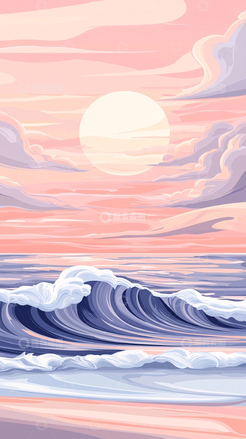 高清大图下载【趣麦麦图】日落海浪风景插画