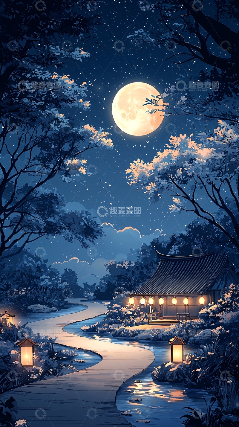 高清大图下载【趣麦麦图】月夜小桥流水古屋