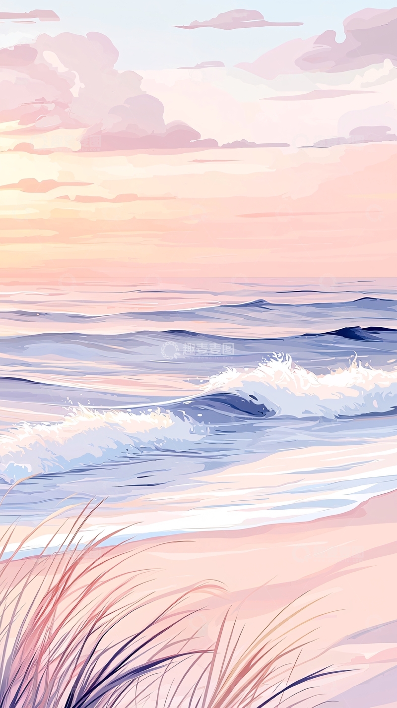 高清大图下载【趣麦麦图】粉色海滩日落海浪插画