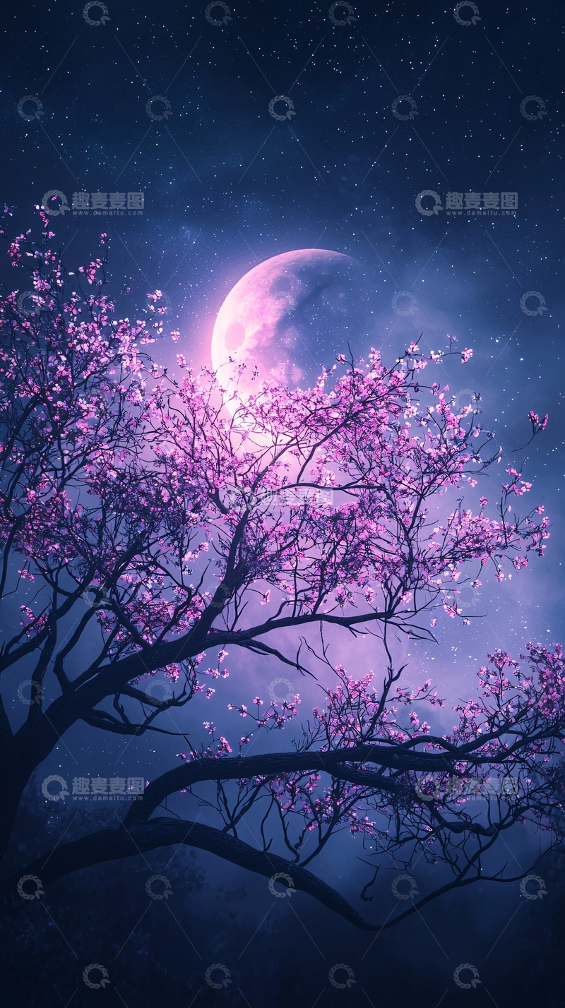 高清大图下载【趣麦麦图】夜空下的樱花树