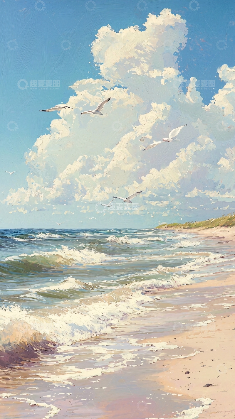 高清大图下载【趣麦麦图】海滩海鸥与蓝天白云
