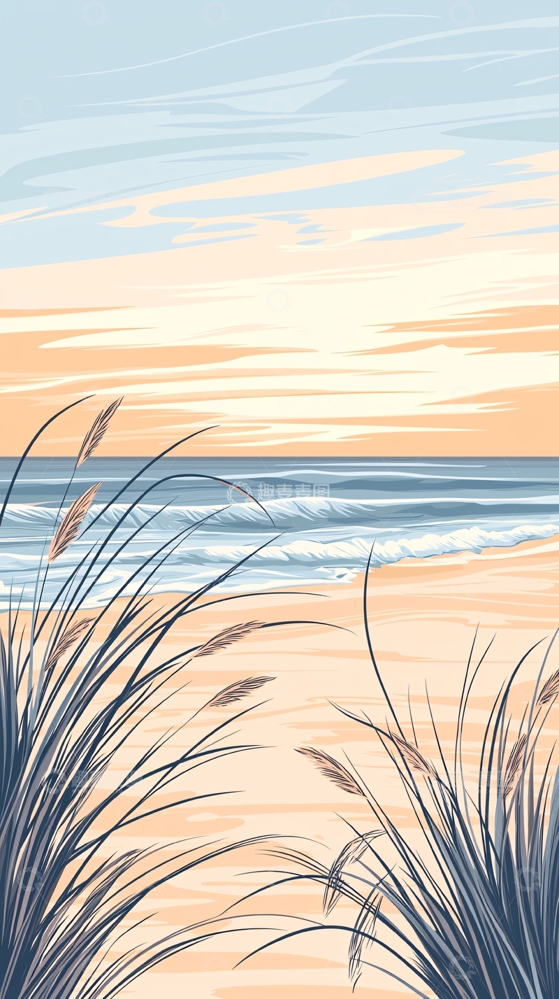 高清大图下载【趣麦麦图】海滩日落海草风景图