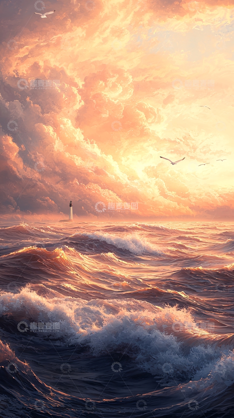高清大图下载【趣麦麦图】-日落海景灯塔与海鸥