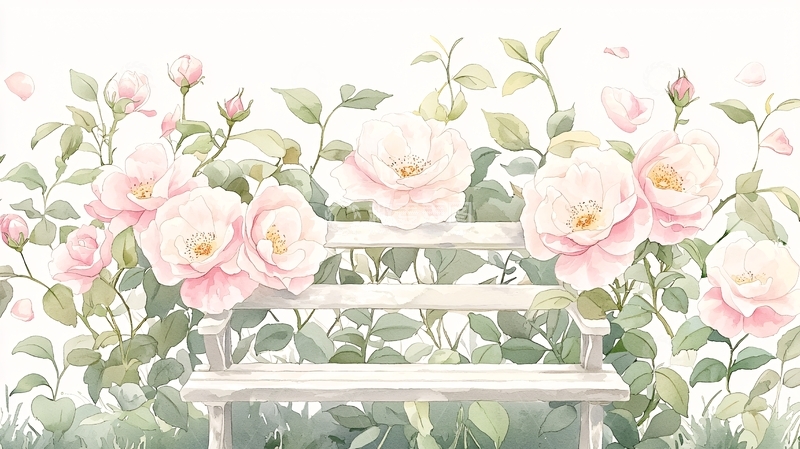 高清大图下载【趣麦麦图】粉玫瑰与白色长椅