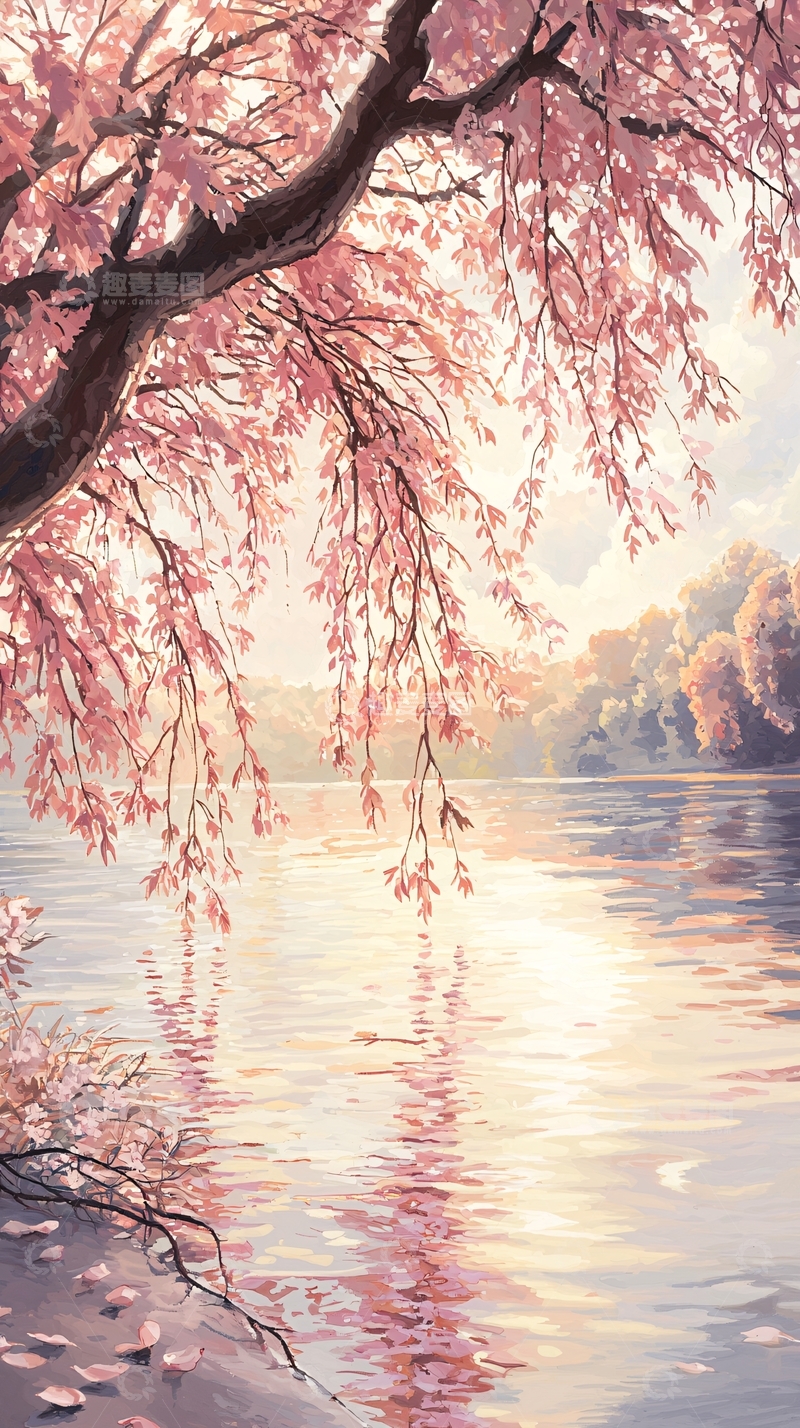 高清大图下载【趣麦麦图】樱花树下的宁静湖景