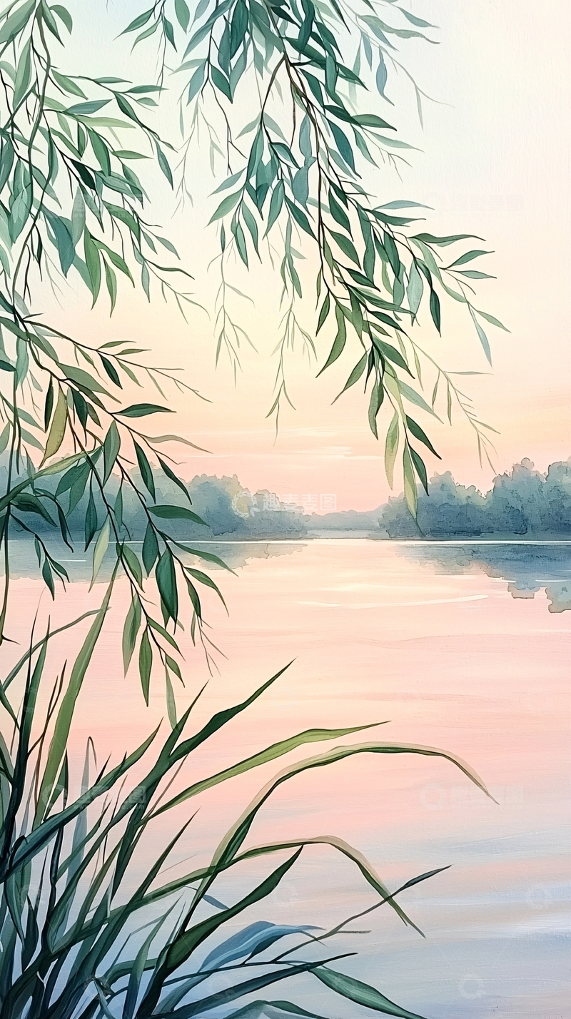 高清大图下载【趣麦麦图】湖畔垂柳夕阳美景