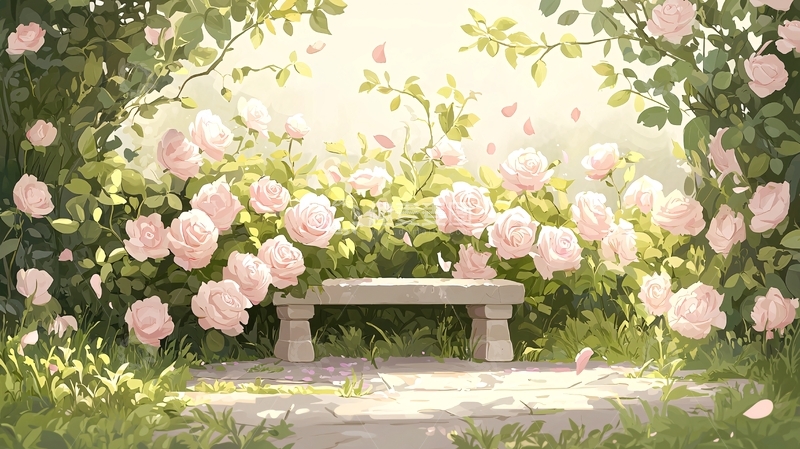 高清大图下载【趣麦麦图】粉色玫瑰花园石凳