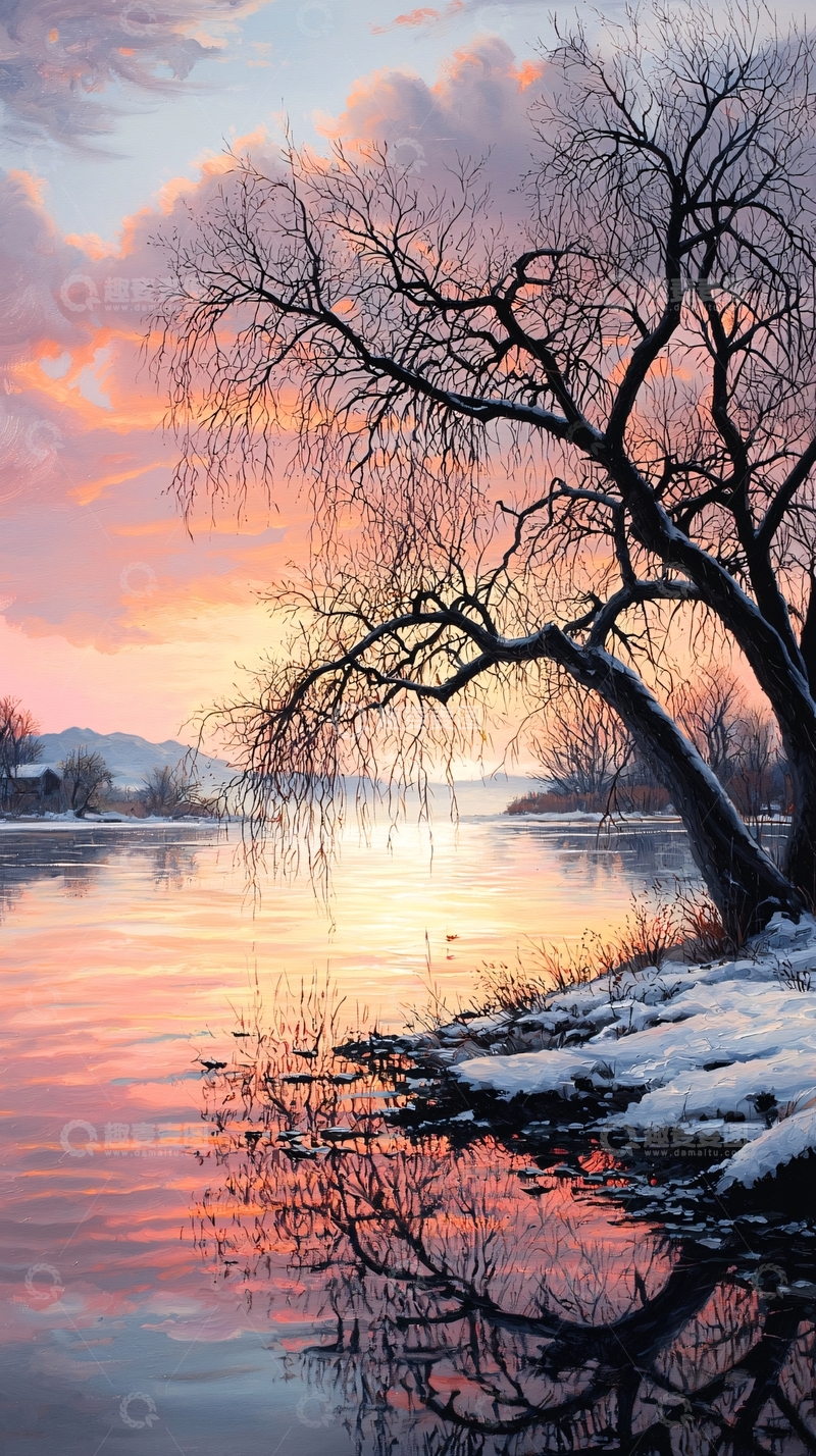 高清大图下载【趣麦麦图】冬日湖畔夕阳美景