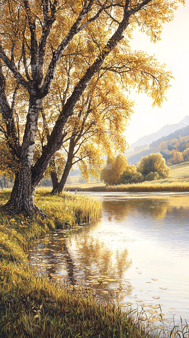 高清大图下载【趣麦麦图】秋日湖畔金黄树影