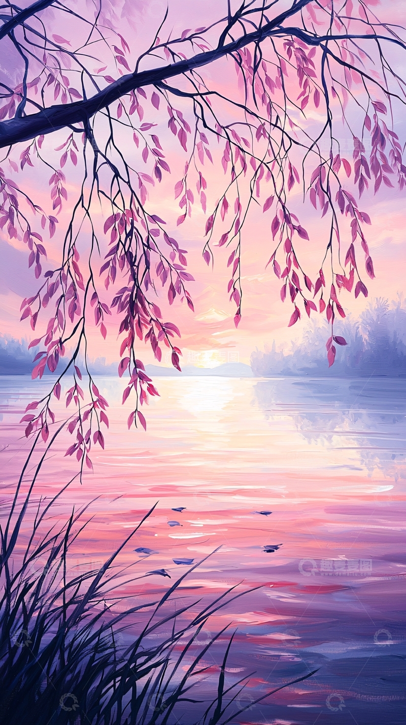 高清大图下载【趣麦麦图】粉紫色黄昏下的湖畔风景