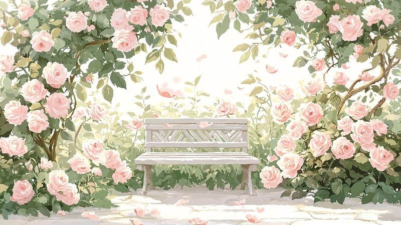 高清大图下载【趣麦麦图】粉玫瑰环绕的白色长椅