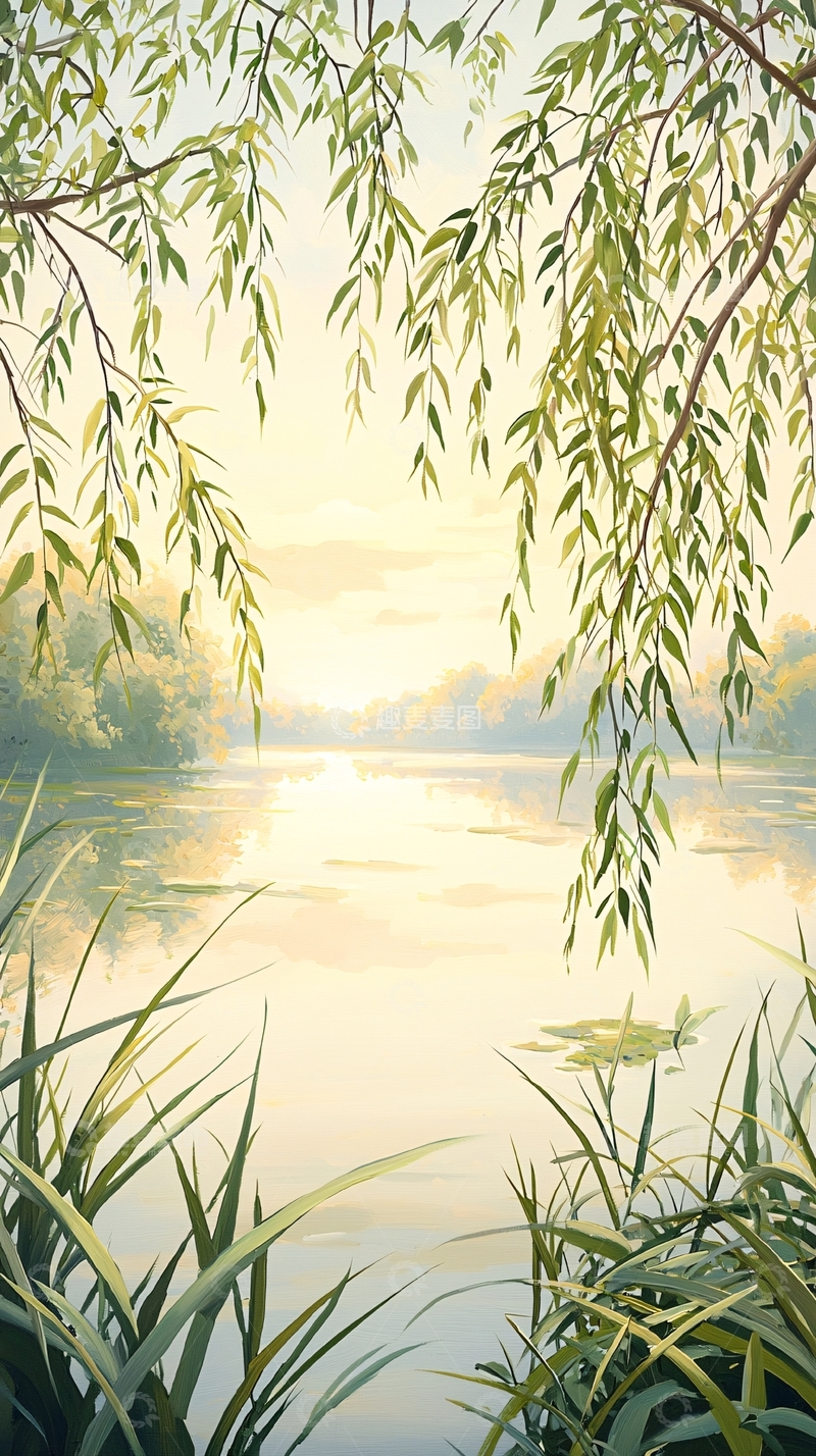 高清大图下载【趣麦麦图】晨光中的湖畔柳树