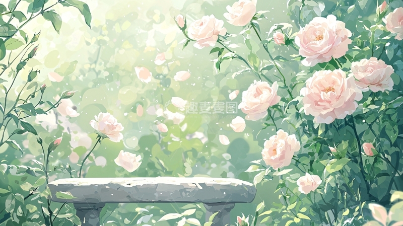 高清大图下载【趣麦麦图】粉玫瑰花丛中的石凳