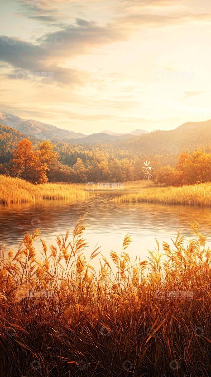 高清大图下载【趣麦麦图】秋日湖畔风车风景