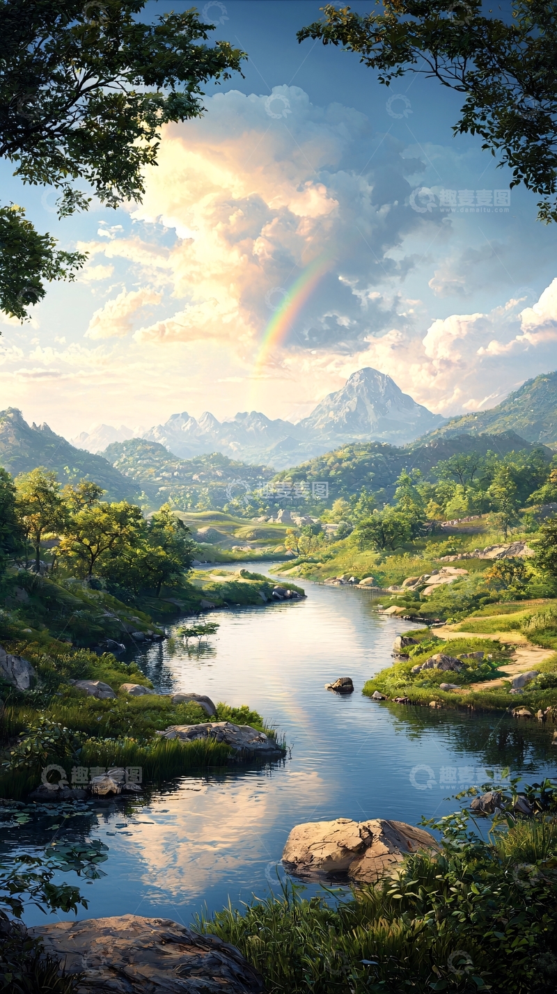 高清大图下载【趣麦麦图】彩虹山间宁静溪流