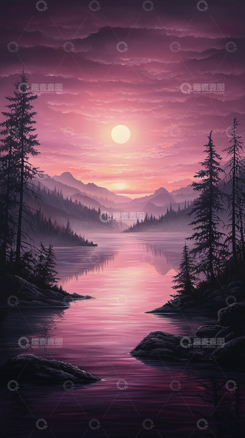 高清大图下载【趣麦麦图】梦幻湖畔日落风景