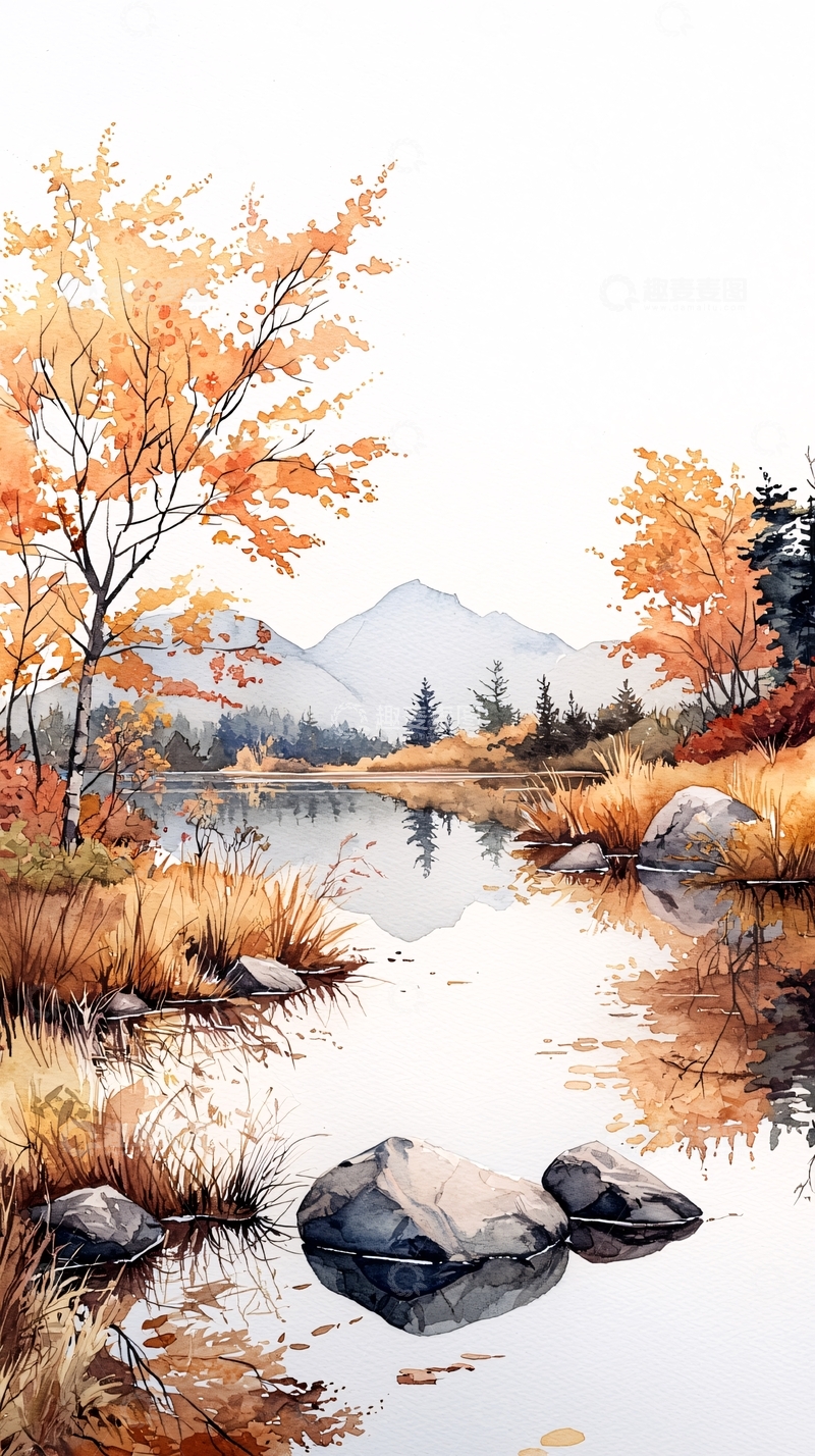 高清大图下载【趣麦麦图】秋日湖畔风景画
