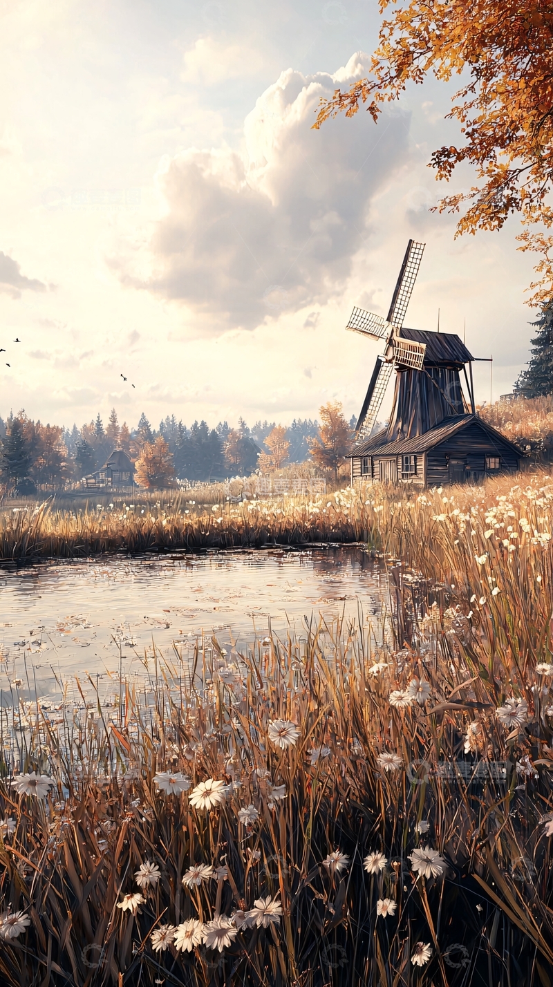 高清大图下载【趣麦麦图】秋日风车与湖畔美景