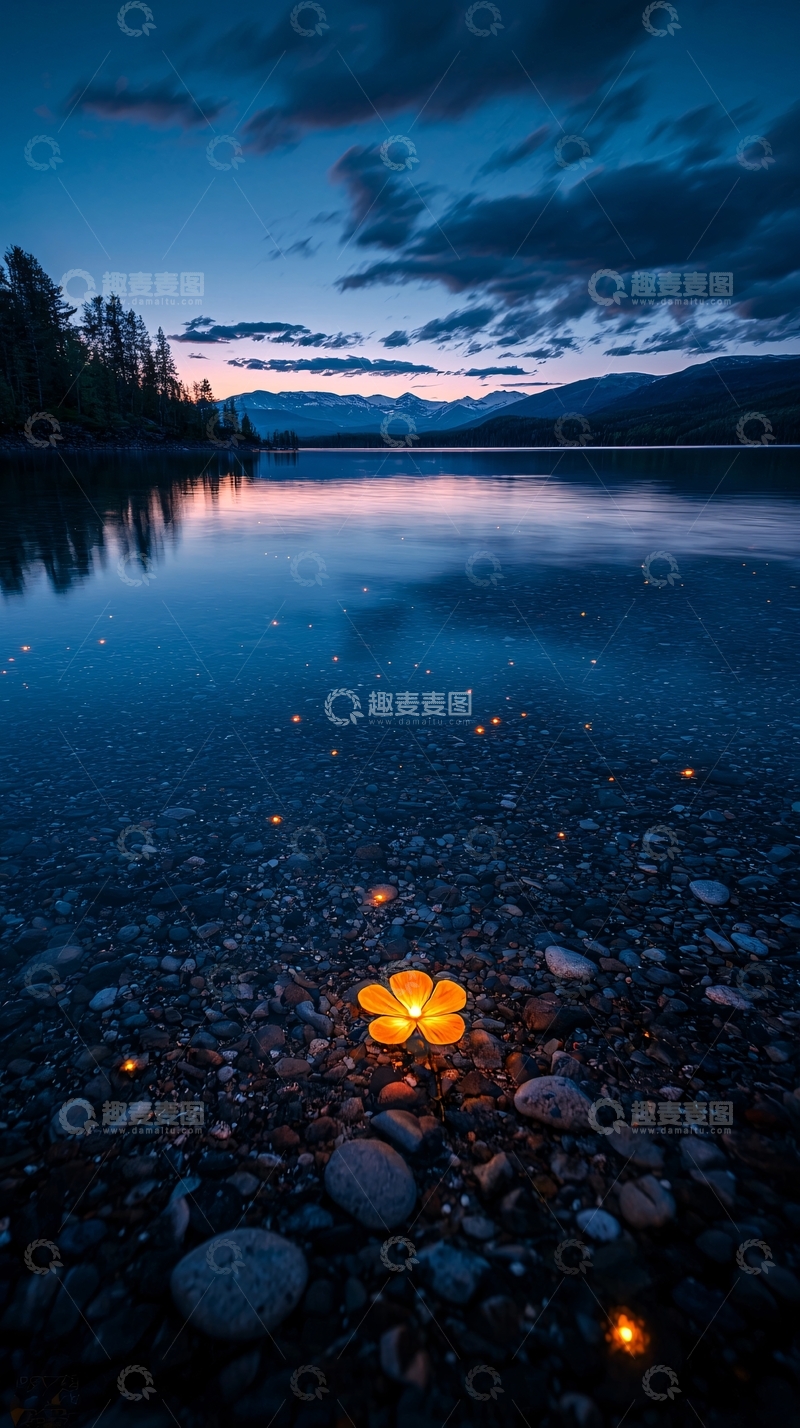 高清大图下载【趣麦麦图】湖边石滩上的发光花朵