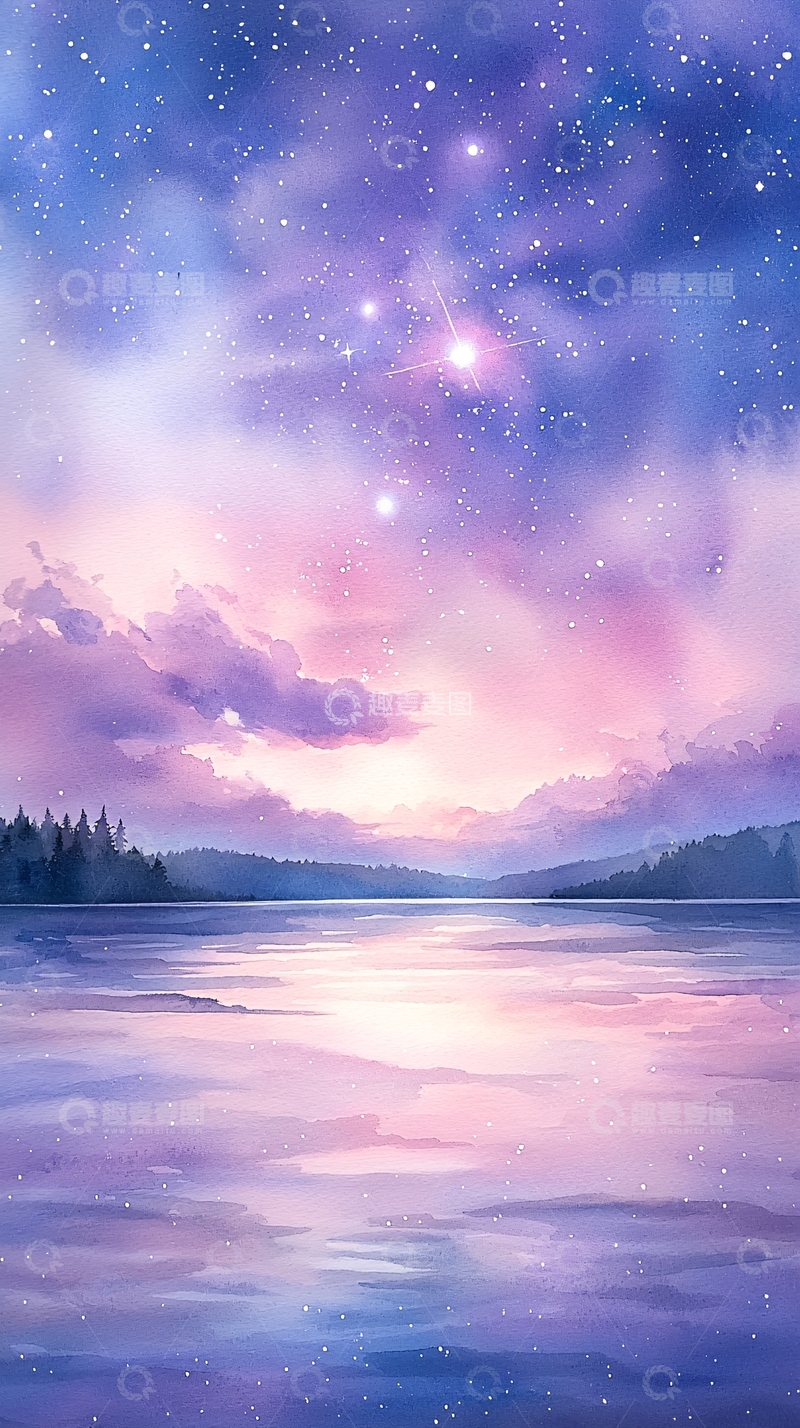 高清大图下载【趣麦麦图】梦幻星空下的湖泊风景